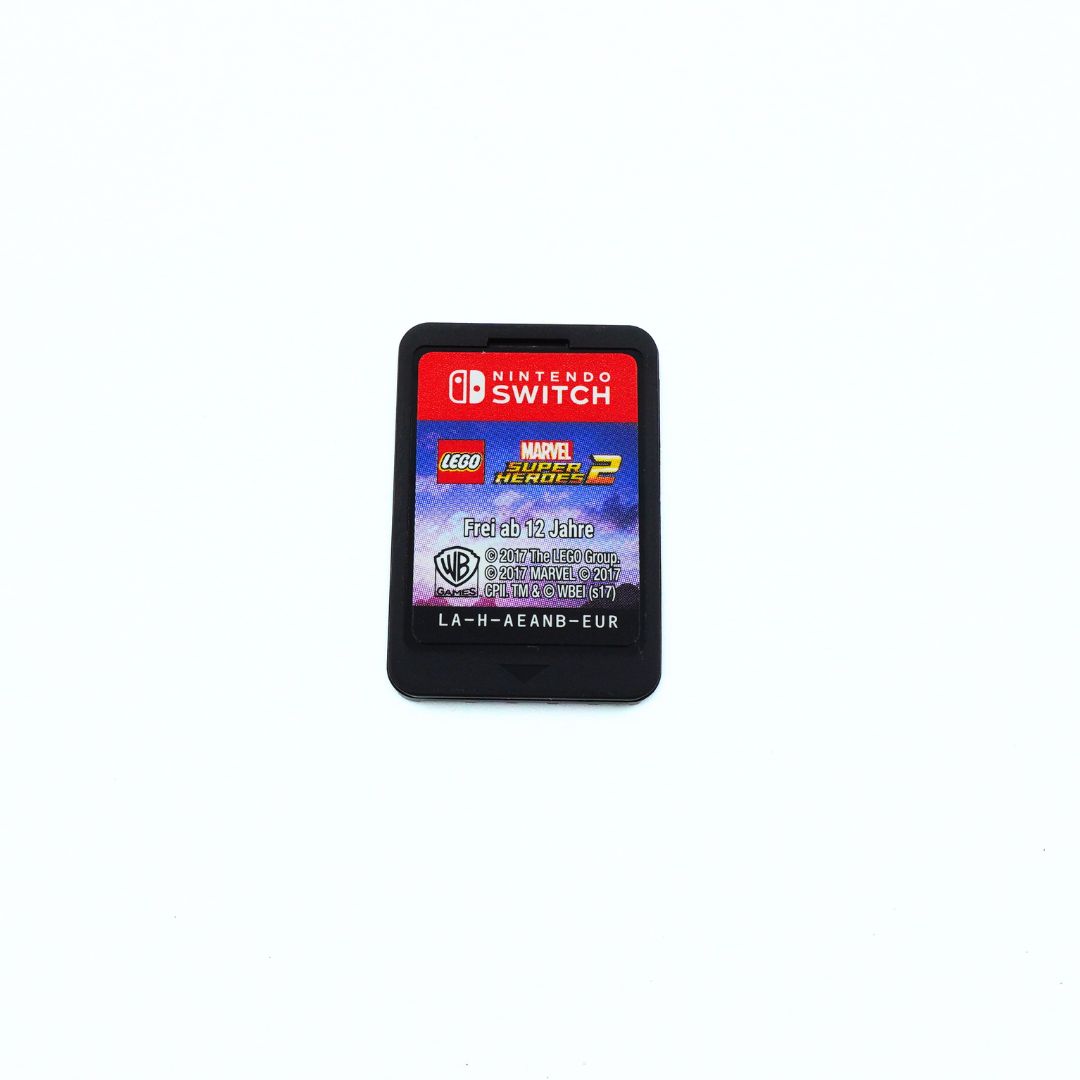 A Nintendo Switch game card for LEGO Marvel Super Heroes 2, featuring a black border and a colorful front label with red, blue, and purple sections.