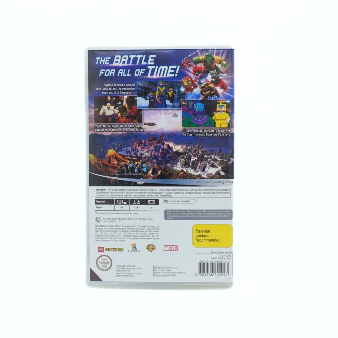 Back cover of a LEGO Marvel Super Heroes card game box, featuring colorful character artwork, product details, and logos including LEGO, Marvel, and Hasbro on a white background.