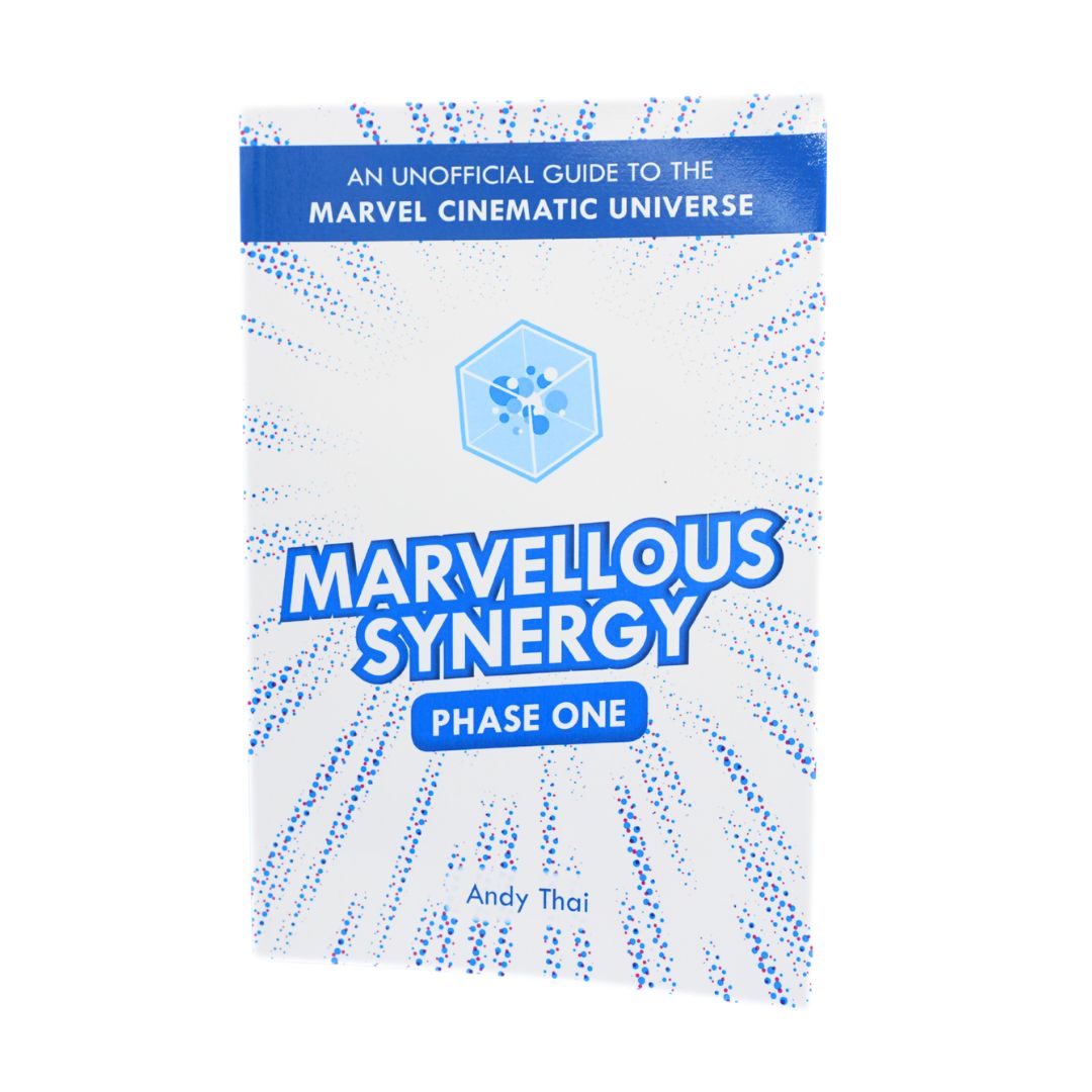 A book cover for 'Marvellous Synergy Phase One' by Andy Thai, featuring a white background with blue halftone-style text and a blue hexagonal Marvel logo, shown on a plain white background.