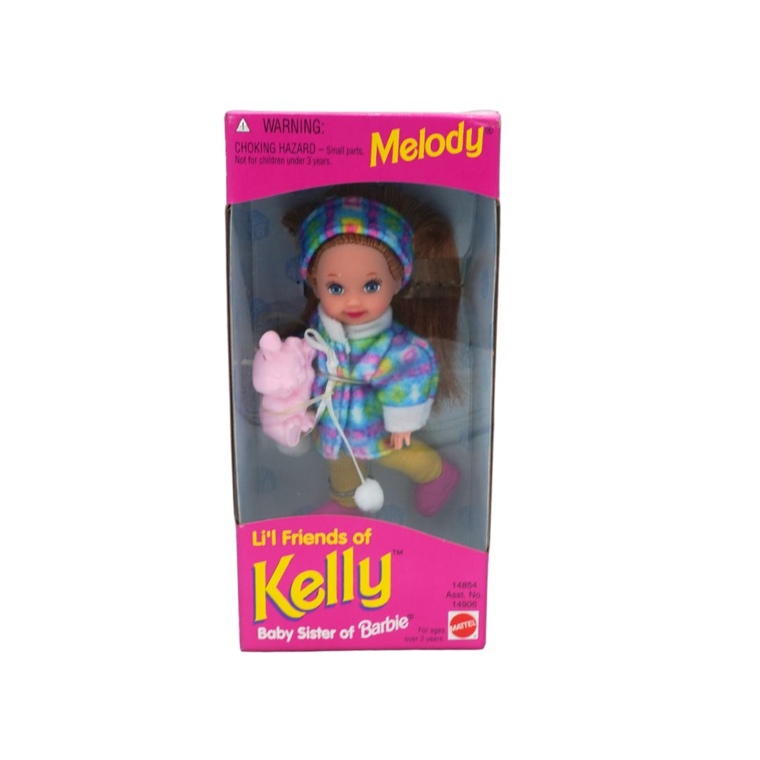 Melody doll packaging with pink and purple design on a white background