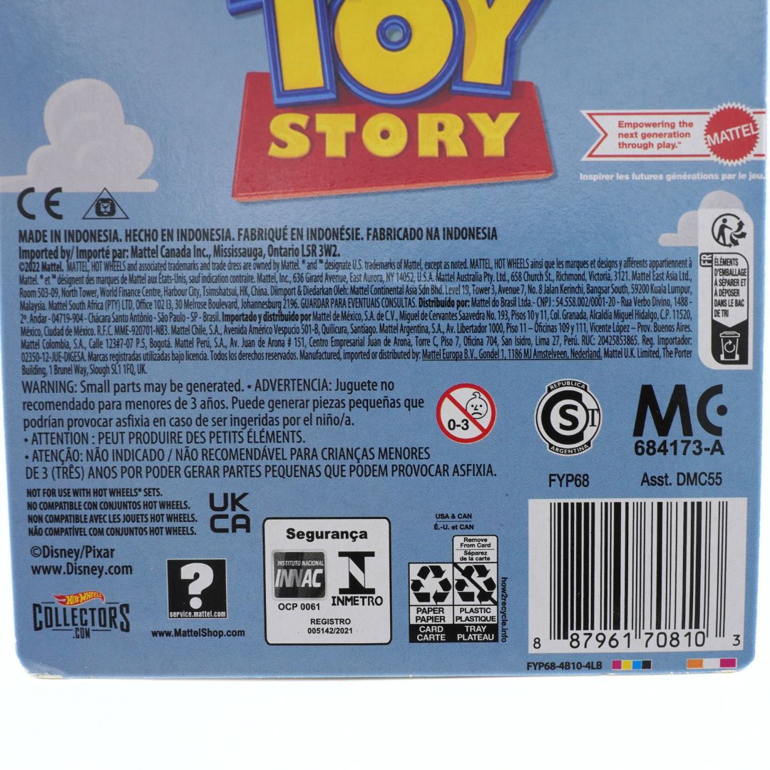 Back of a toy packaging with 'Toy Story' branding and various certification logos.