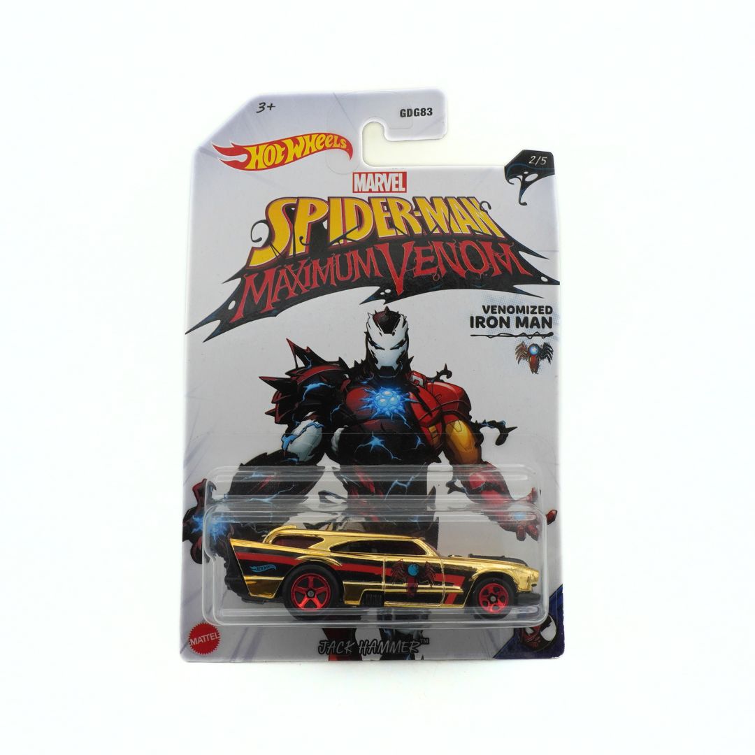 Hot Wheels Marvel Spider-Man Maximum Venom Venonized Iron Man toy figure packaging on a white background