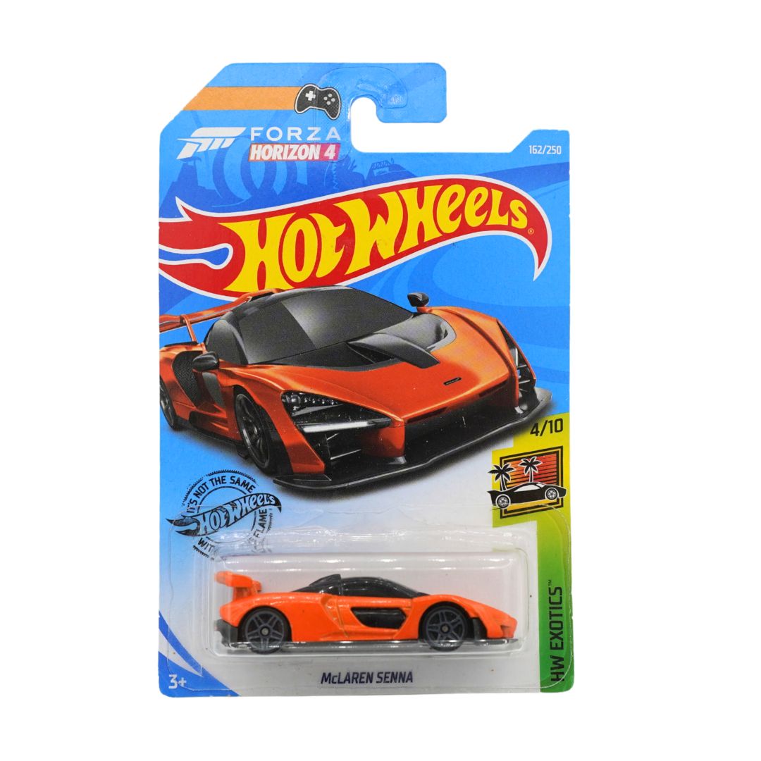 Front on image of a Hot Wheels toy car featuring a bright orange McLaren Senna