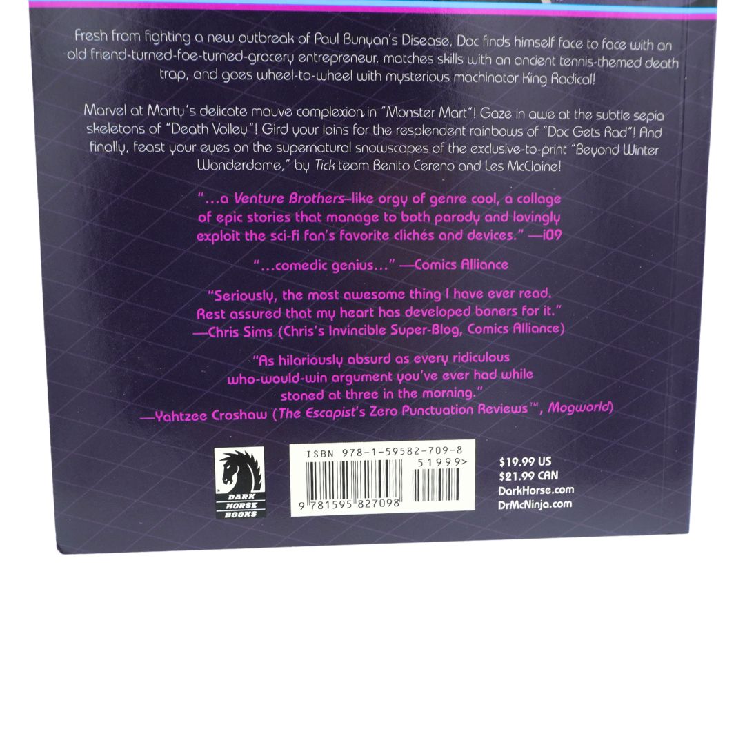 The back cover of a book, with author and publisher details, a barcode, and glowing pink review quotes on a dark purple background.