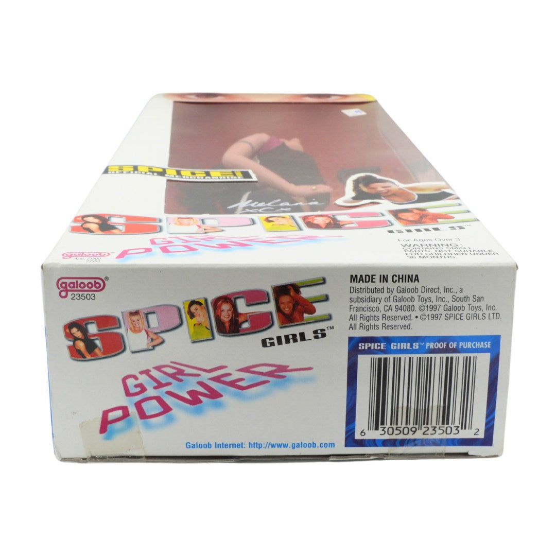 Box of Spice Girls merchandise with branding and product details.