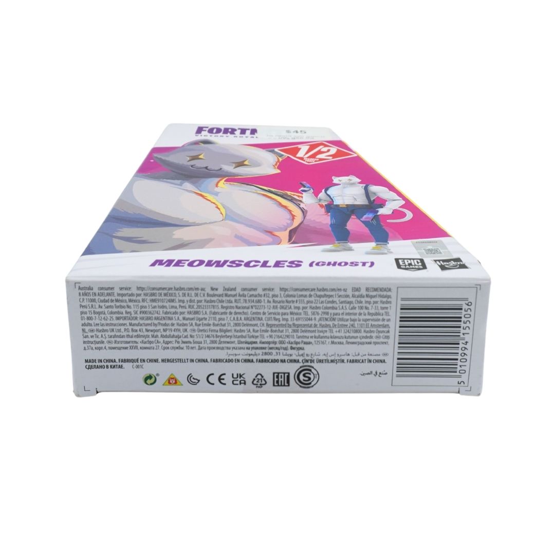 Underside of a white and pink box holding a Meowscles figurine