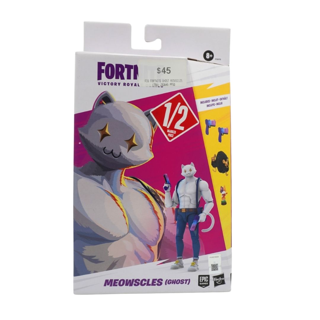 Hasbro Fortnite Victory Royale Meowscles (Ghost) 1/12 scale action figure in its original retail packaging, featuring a white cat character with gold star eyes and a ghost effect.