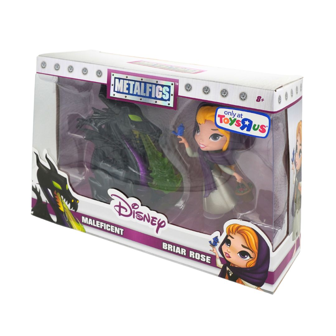 Disney Metalfigs Briar Rose and Maleficent toy set in its original packaging, featuring a Briar Rose figure and a black and green Maleficent figure visible through a clear plastic window box.