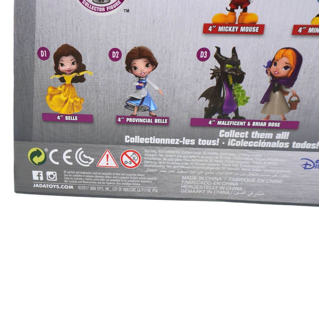 Back of a Disney JadaToys collectible figure box showing four character figures labeled D1 through D4, including Belle, Provincial Belle, Maleficent & Brian Rose, and Mickey Mouse, on a gray background.