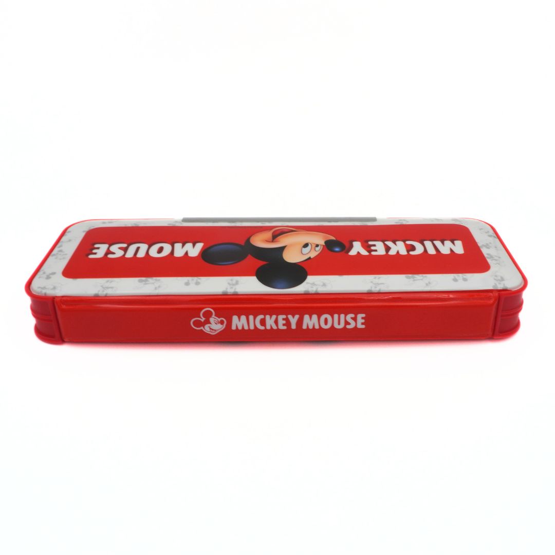 Back of a Mickey Mouse pencil case with a rigid plastic construction and a red & white colour palette
