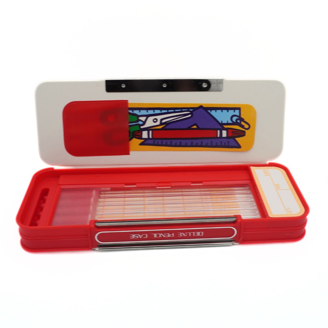 Inside of a vintage Mickey Mouse pencil case with a red and white colour palette