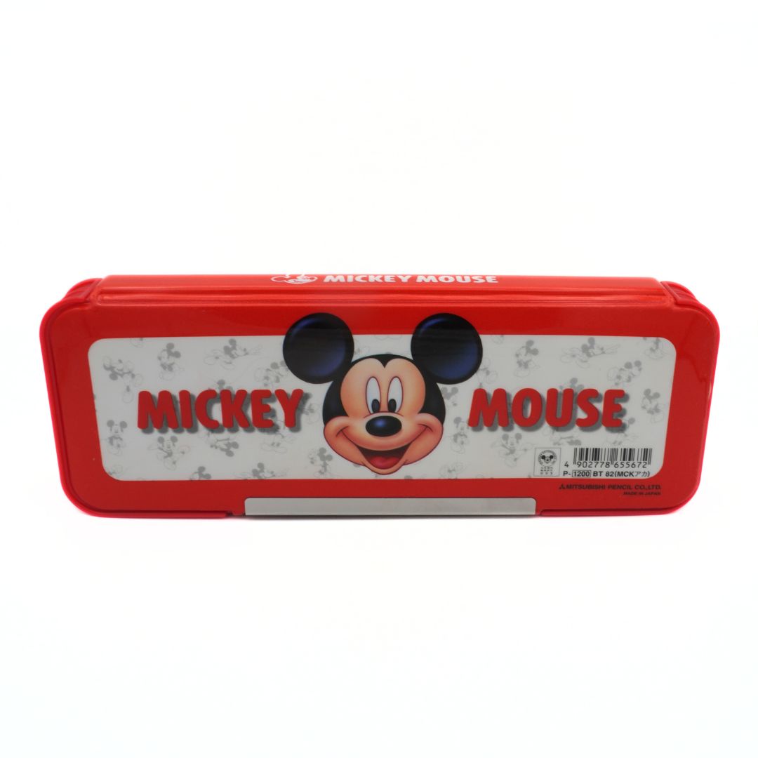 Underside of a vintage Disney Mickey Mouse pencil case with a red and white colour palette