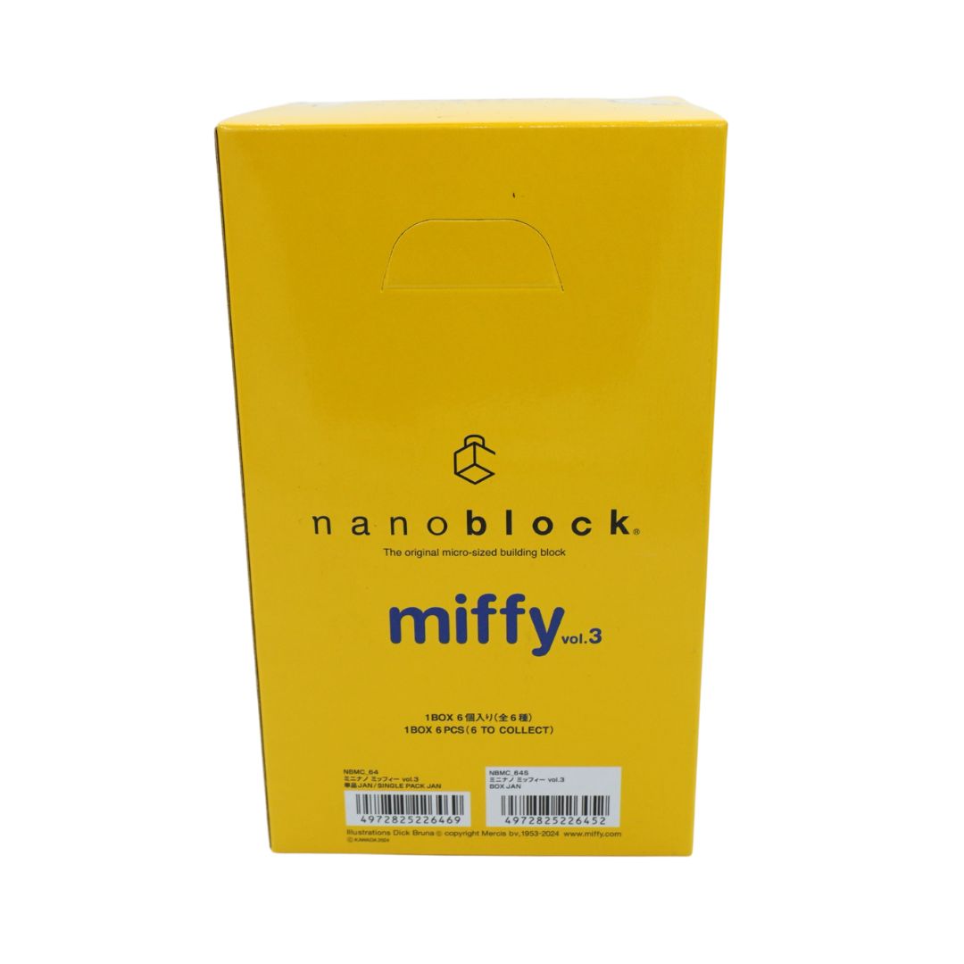A yellow box for the 'nanoblock miffy vol. 3' toy, featuring black and blue text and barcode labels on a white background.