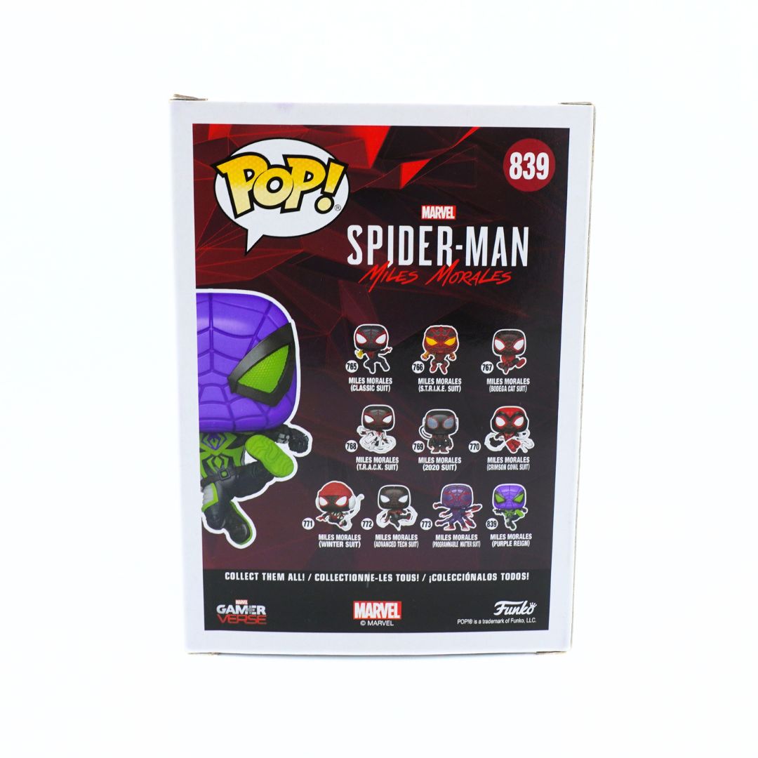Funko Pop! Marvel Spider-Man Mini Moas #839 collectible figure box, featuring a black and red design with a purple and green Moa graphic and character lineup illustrations.