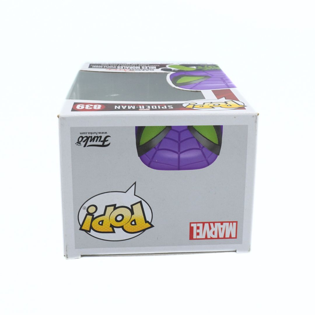 Funko Pop! Marvel Spider-Man 839 vinyl figure in its original white window box packaging, featuring a clear window showing the purple and green spider-themed figure inside.
