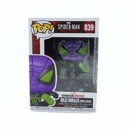 Funko Pop! vinyl figure of Miles Morales (Purple Reign) from Spider-Man The Amazing, number 839, in its original window box packaging.