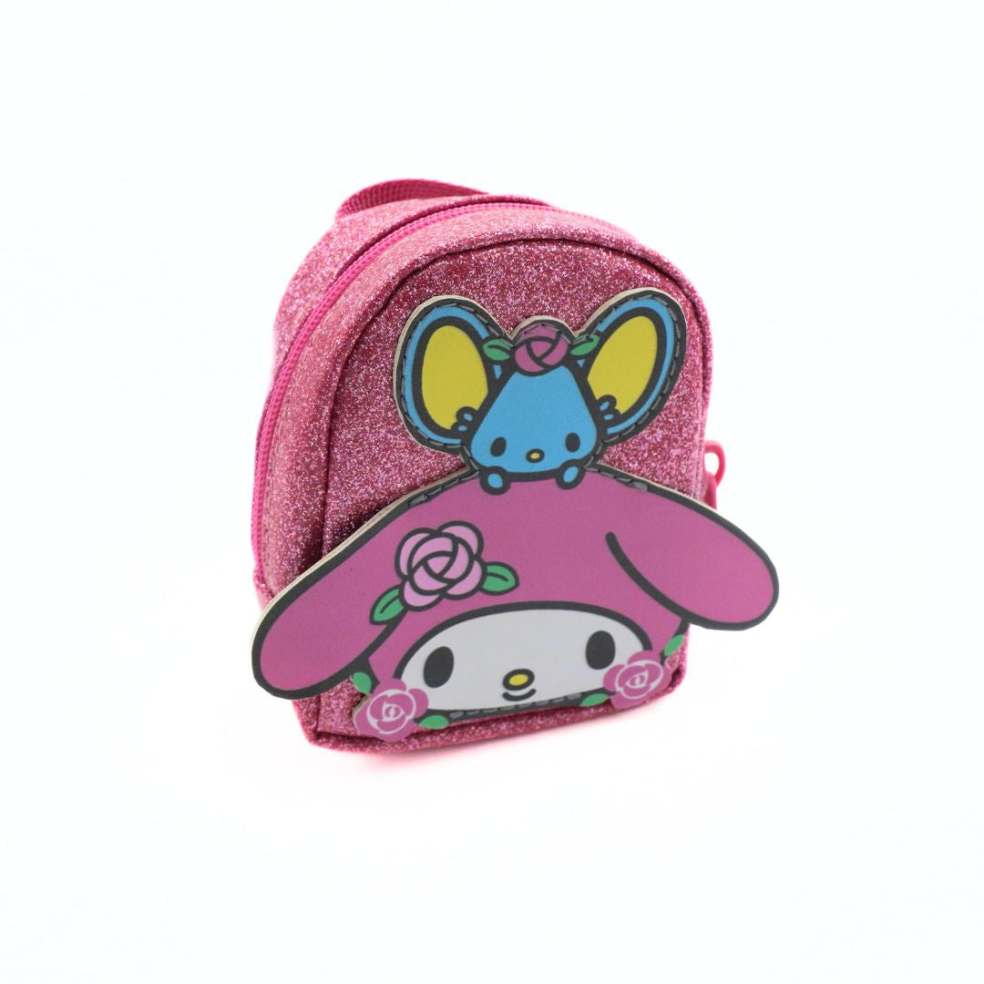 Small pink glittery backpack with a pink bunny and a blue mose