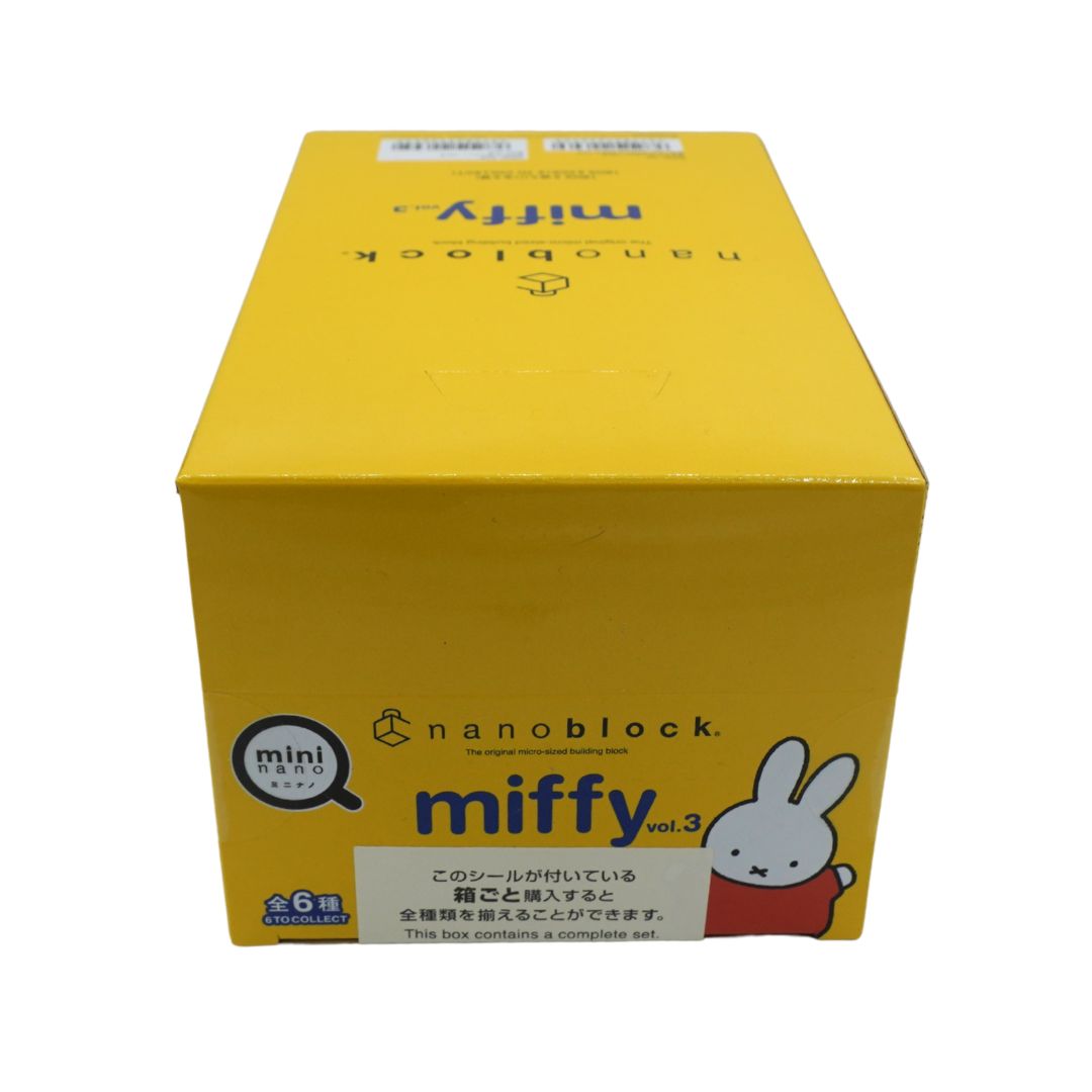 A yellow box of nanoblock mini Miffy Vol. 3 toy blocks by Canadian Games, featuring the Miffy character illustration on the front.