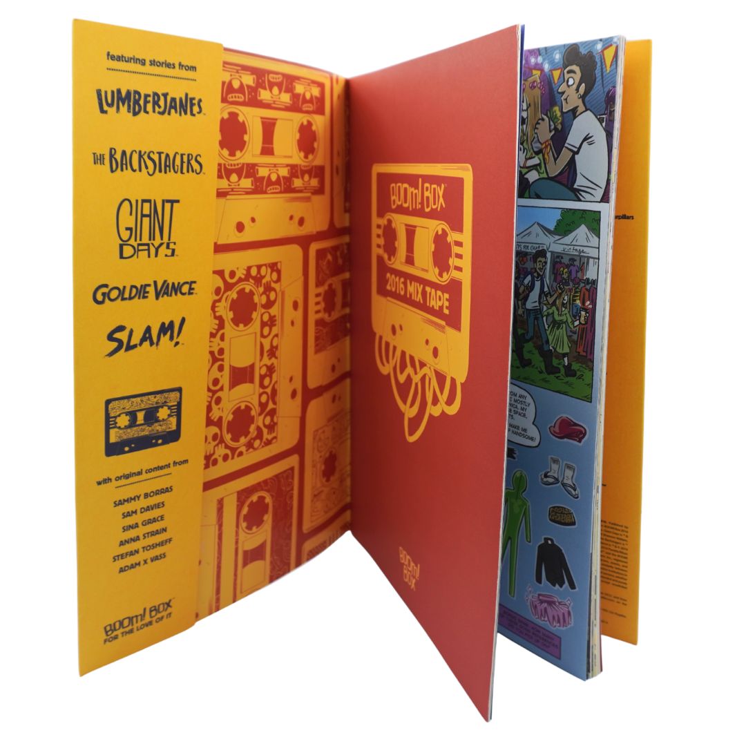 A 3D-rendered open 'Mix Tape' book or album cover featuring illustrated vintage cassette tapes and colorful comic-style panels on the spine and pages, shown against a plain white background.