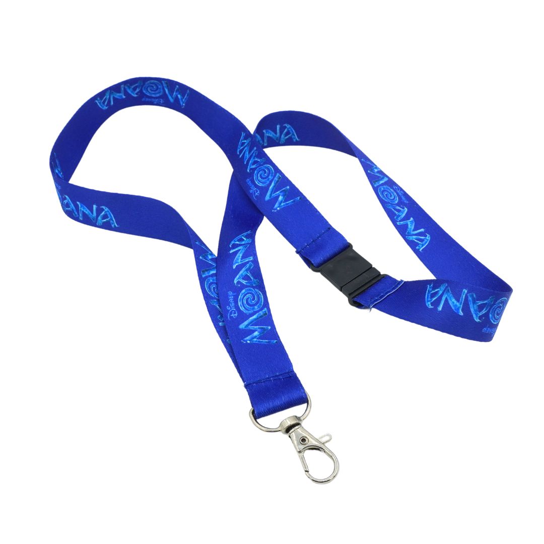 A royal blue lanyard strap with repeating light blue 'Moana' logo prints, featuring a black plastic buckle and a silver metal lobster clasp, shown on a plain white background.