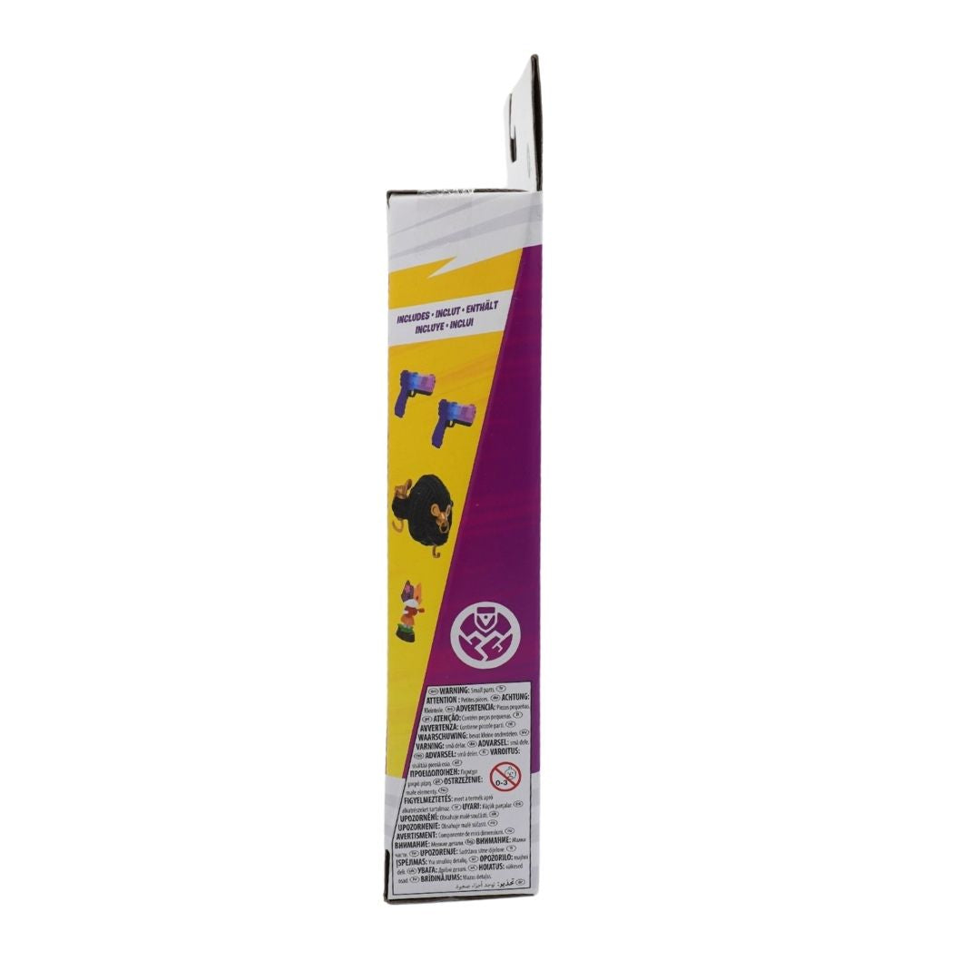 The back of a toy figure's packaging box, featuring a purple and yellow design with illustrations of the figure and product accessories, set against a plain white background.