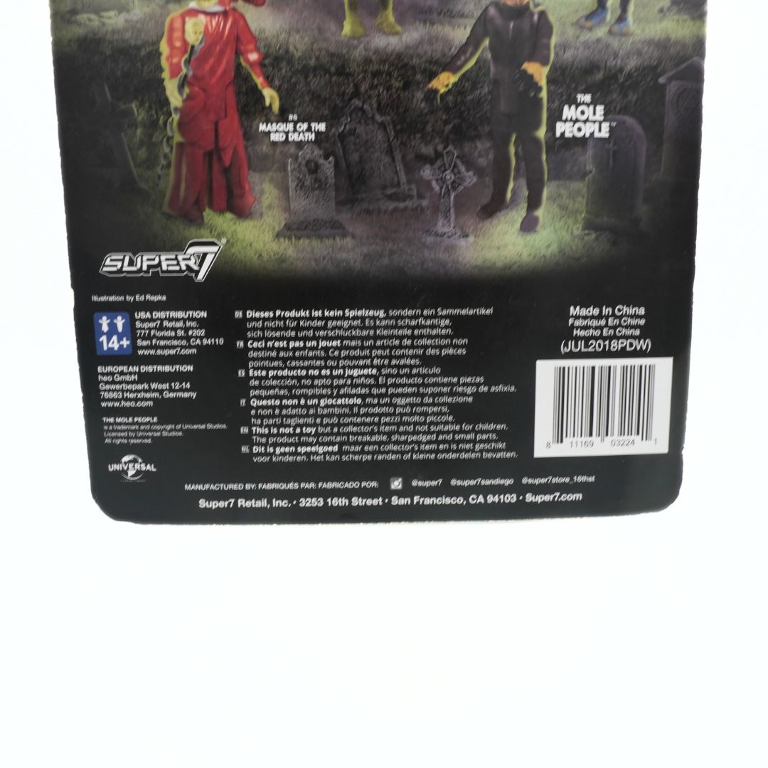 Back of a Super7 action figure packaging with text and graphics.