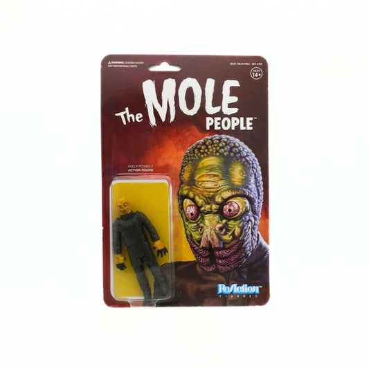 Action figure packaging for 'The Mole People' with a brown background and 'ReAction' logo.