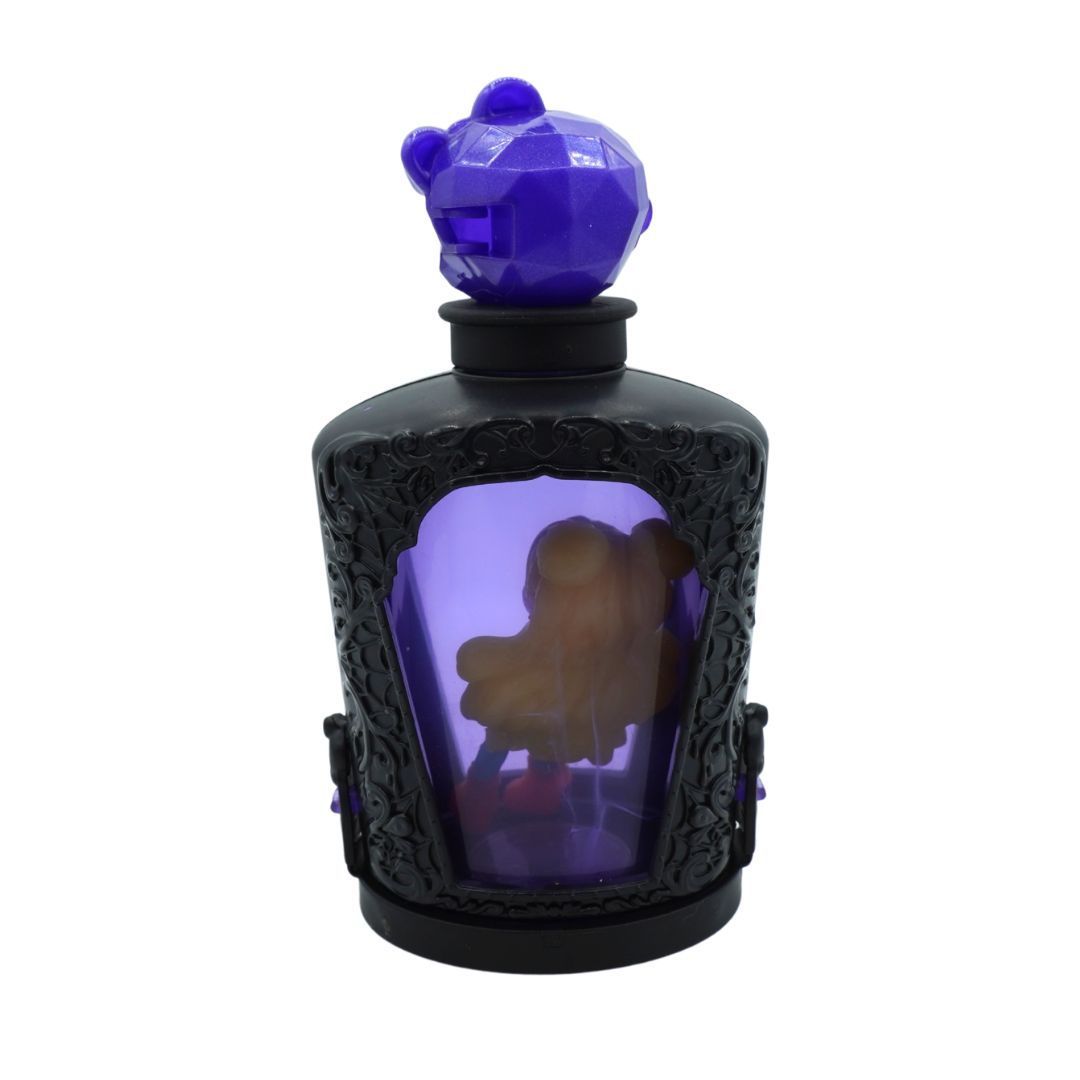 A gothic-style decorative lantern or bottle with a black ornate frame, a purple translucent body, and a faceted purple cap, shown on a plain white background.