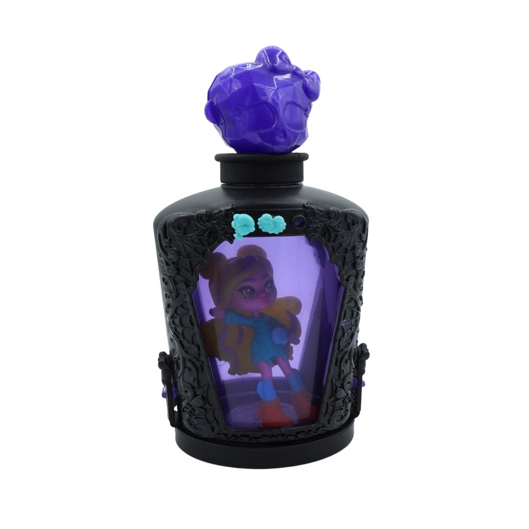 A black decorative lantern-style bottle with a purple glowing interior and a small doll figure inside, topped with a purple skull-shaped cap, shown on a plain white background.