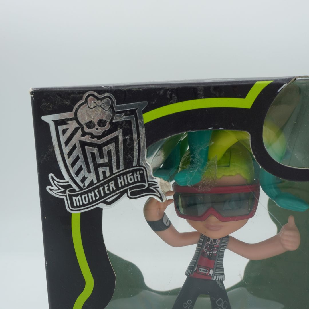 Toy figure with goggles and helmet in front of a Monster High logo