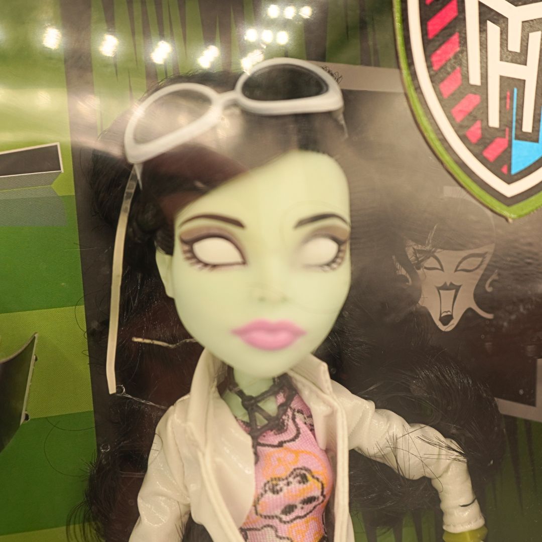 A Monster High doll with pale green skin, white goggles on her head, a white jacket, and a pink-and-orange patterned top, photographed inside its retail packaging.