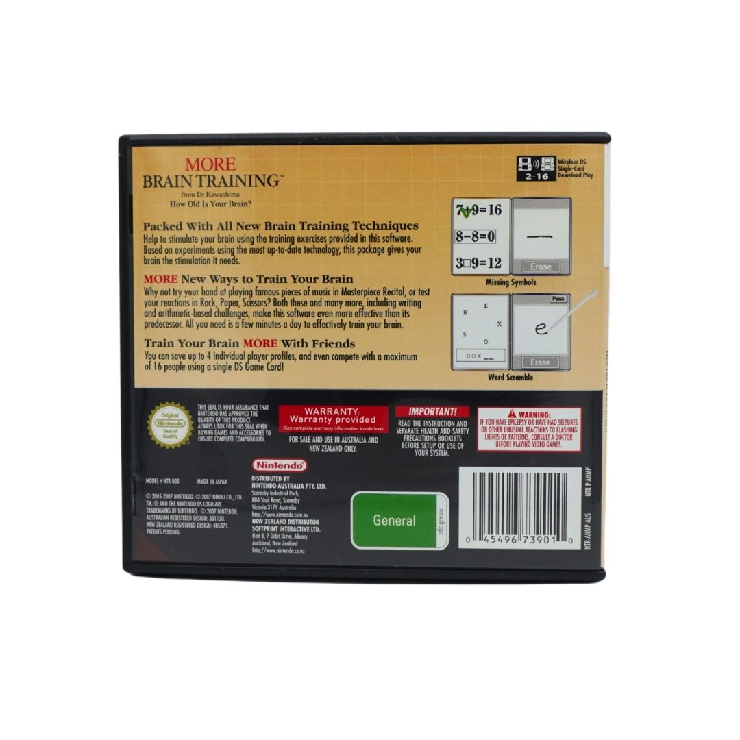 Back of a boxed software product labeled MORE BRAIN TRAINING, with a tan and black package, product description text, warranty panel, and barcode on a white background.
