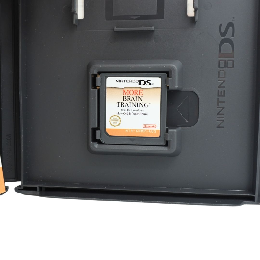 Nintendo DS game cartridge 'More Brain Training' displayed in a black Nintendo DS case, with the vertical 'NINTENDO DS' branding visible on the right side.