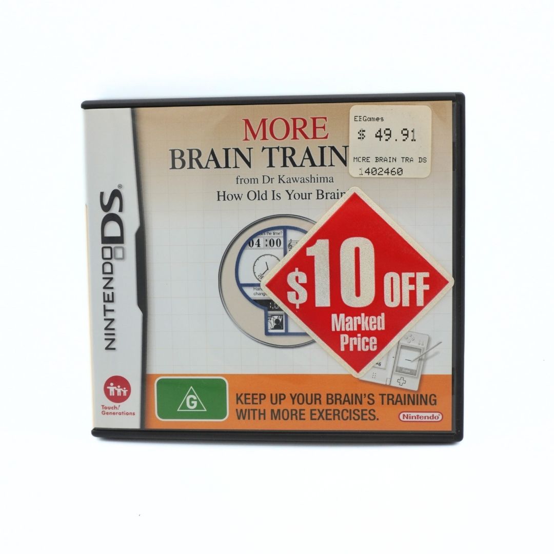 Nintendo DS game case for 'More Brain Training' by Dr. Kawashima, featuring a $10 off price sticker overlay on a white background.