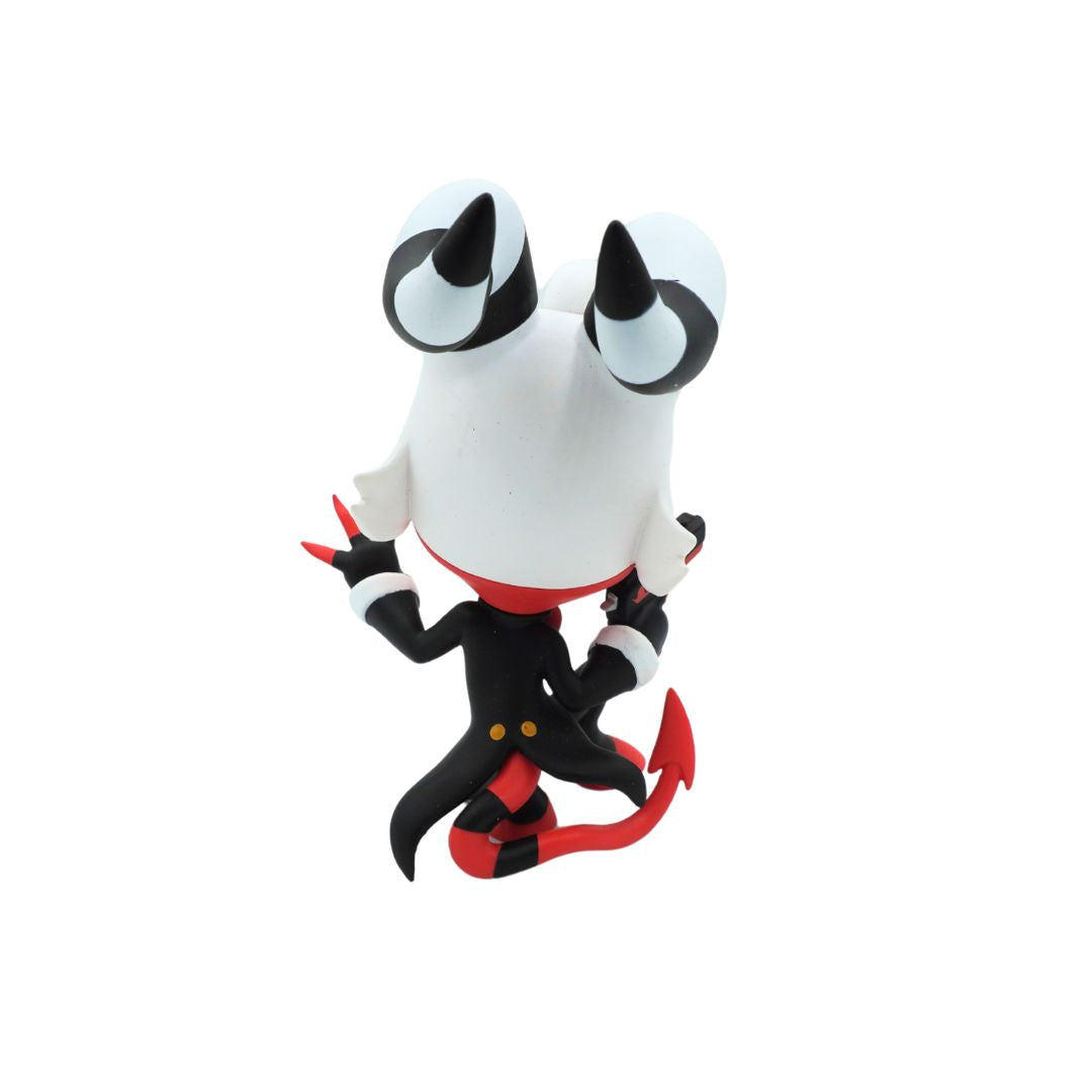 A stylized cartoon devil figurine with a white body, black horns and suit details, red tail and claw accents, and small gold buttons, shown on a plain white background.