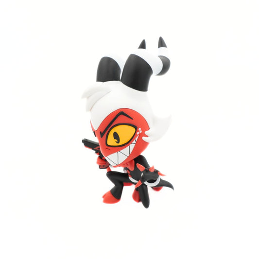 A chibi-style vinyl figure of a red and black horned character with a large yellow eye, white hair, and black horns, posed against a plain white background.