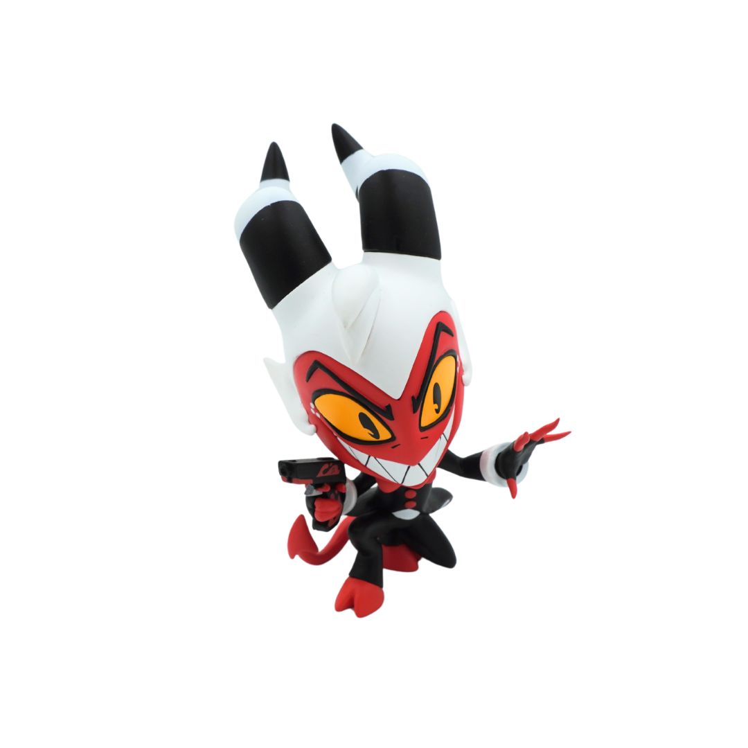 A chibi-style collectible figure of a red and black demon character with large yellow eyes, black-and-white horns, and red feet, shown against a plain white background.