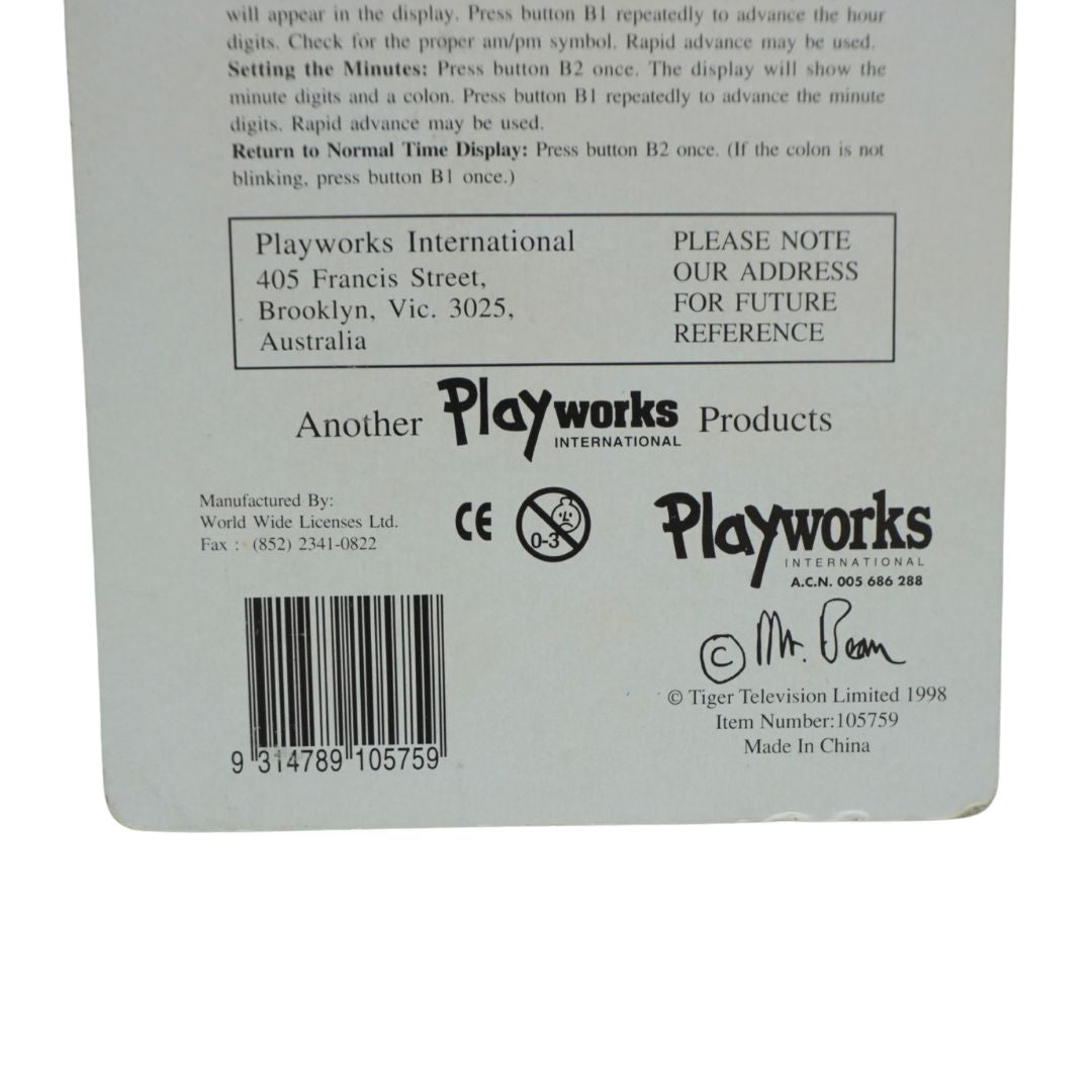 Back of a Playworks International product box or manual page, showing address information, usage notes, a barcode, and Playworks logos on a white background.