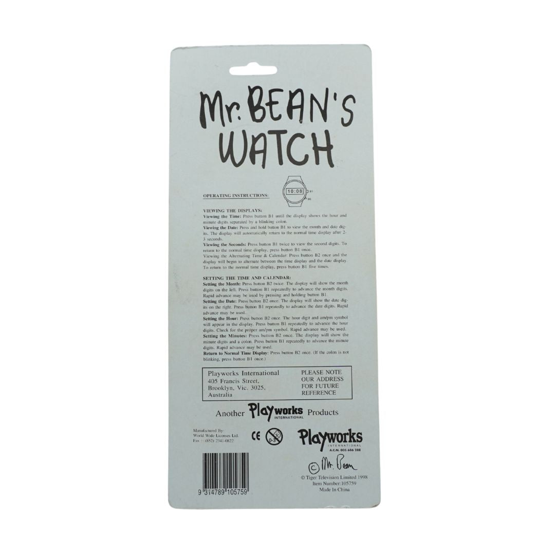 The back of a 'Mr. Bean's Watch' product packaging card, featuring product instructions, a barcode, and Playworks branding on a white background.