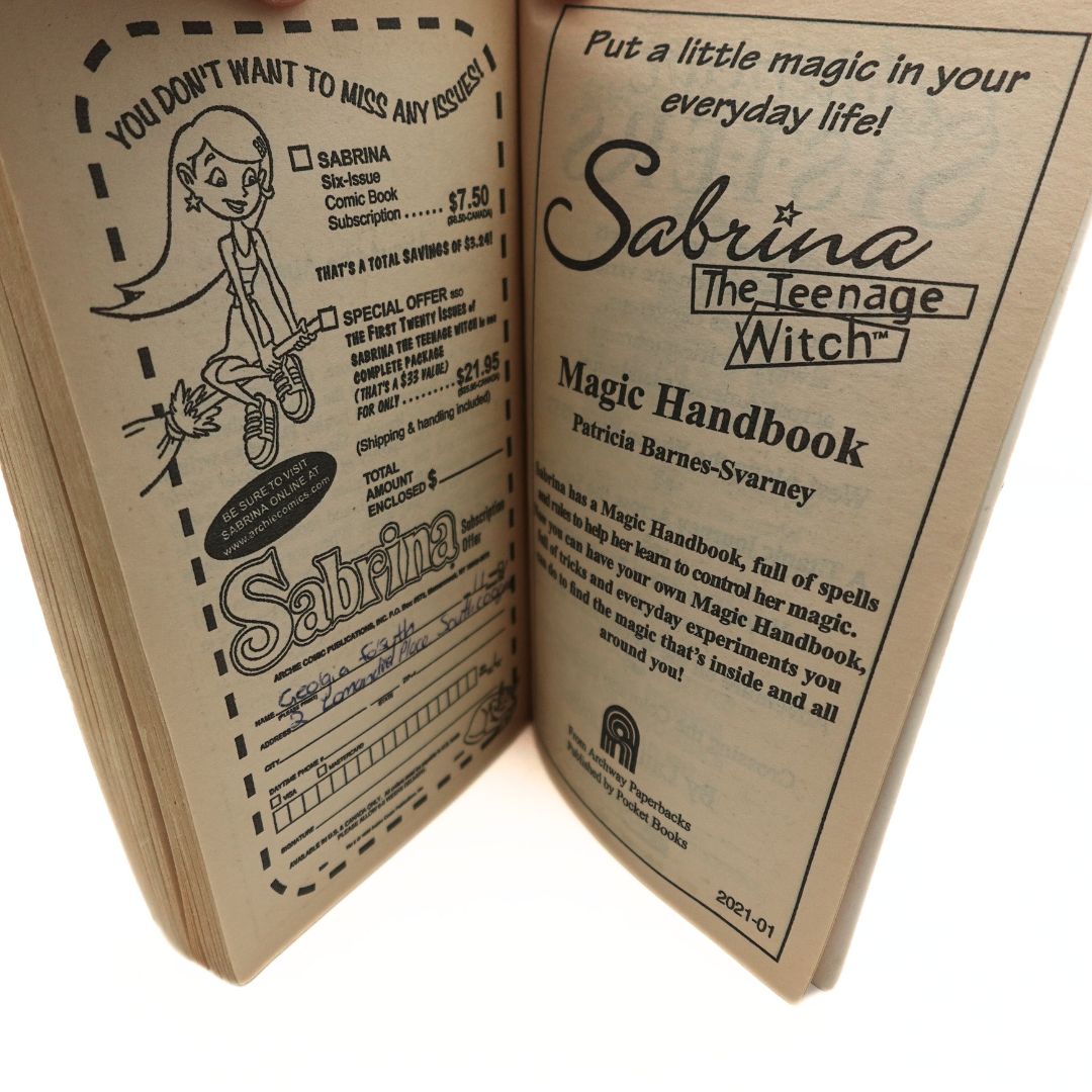 Photos from the back of the Sabrina the Teenage Witch Mummy Dearest book showing the sign up page with an illustration of the Sabrina character