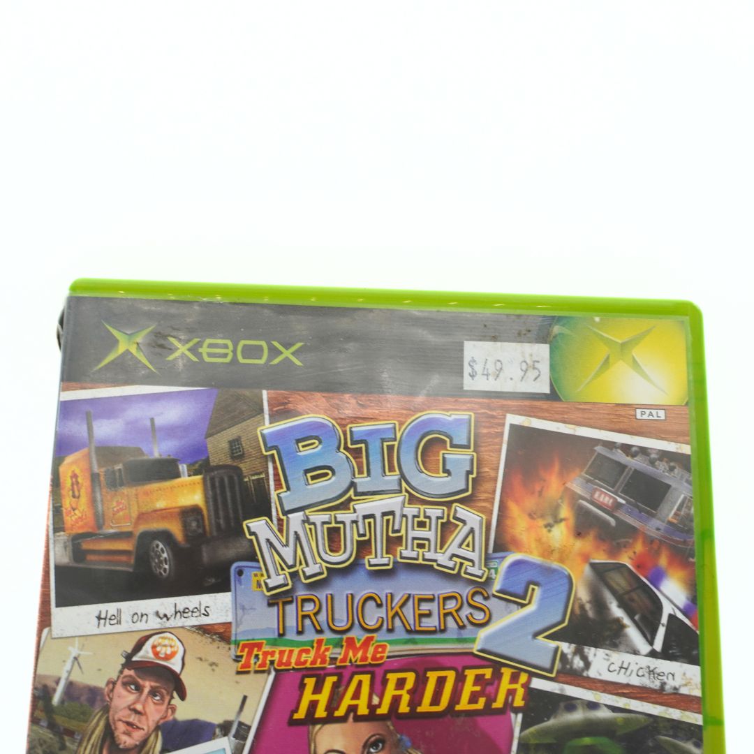 Xbox game case titled 'Big Mutha Truckers 2 Truck Me Harder' on a white background