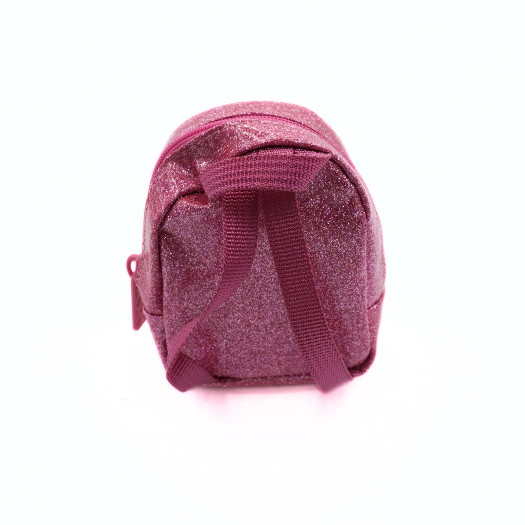 Small pink glittery backpack with woven straps