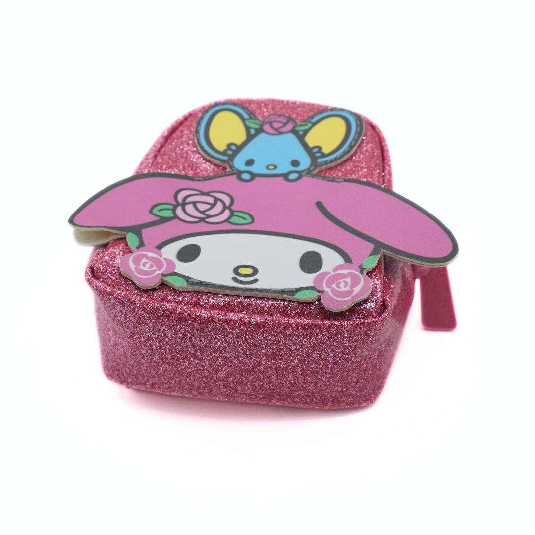 Small pink glittery backpack with a pink bunny and a blue mose