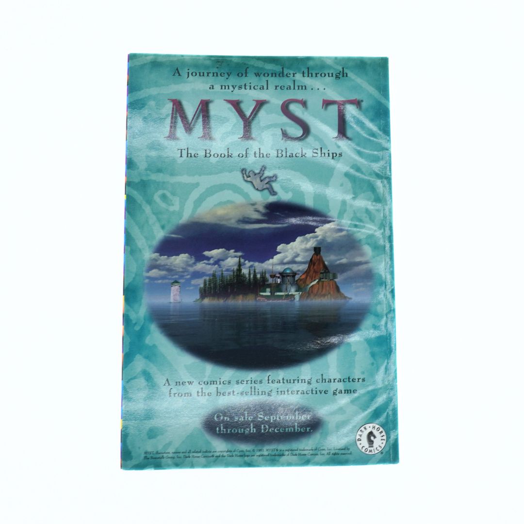 Comic book back cover advertising 'Myst: The Book of the Black Ships' with a mystical island scene on a blue background.