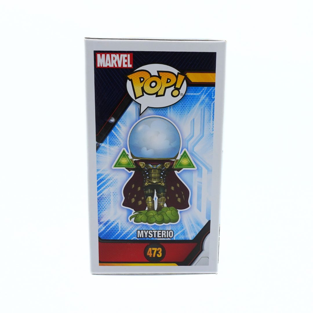 Marvel Pop! vinyl figure of Mysterio in its original packaging, featuring a blue crystal ball and green and gold suit against a white background.