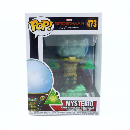 Funko Pop! Marvel Spider-Man Mysterio vinyl figure number 473, in its original retail packaging. The figure features Mysterio's signature green bubble head and gold armor, standing in front of a dark red cape.