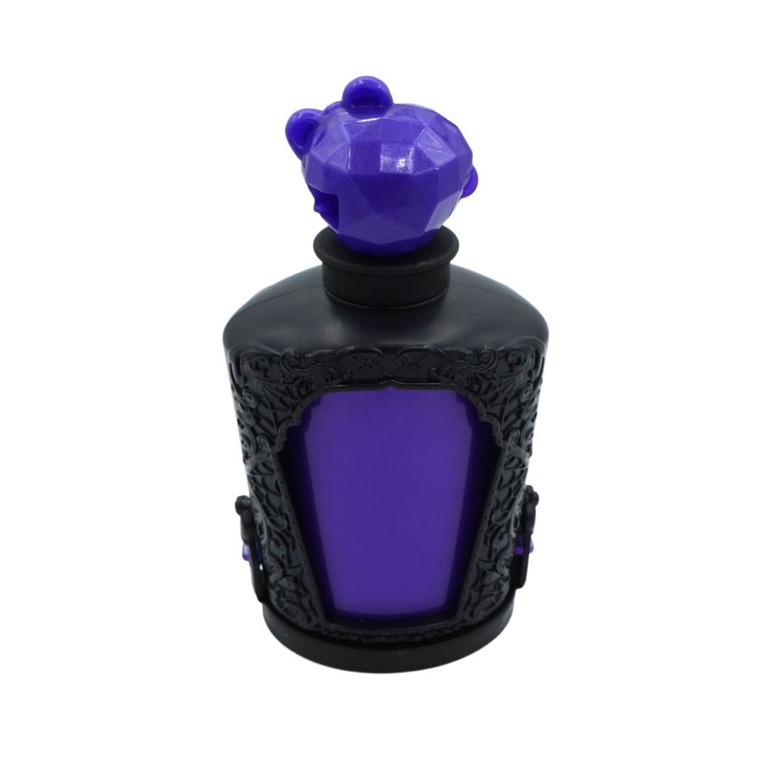 A black decorative bottle with a faceted purple cap and a glowing purple front panel, shown on a plain white background.