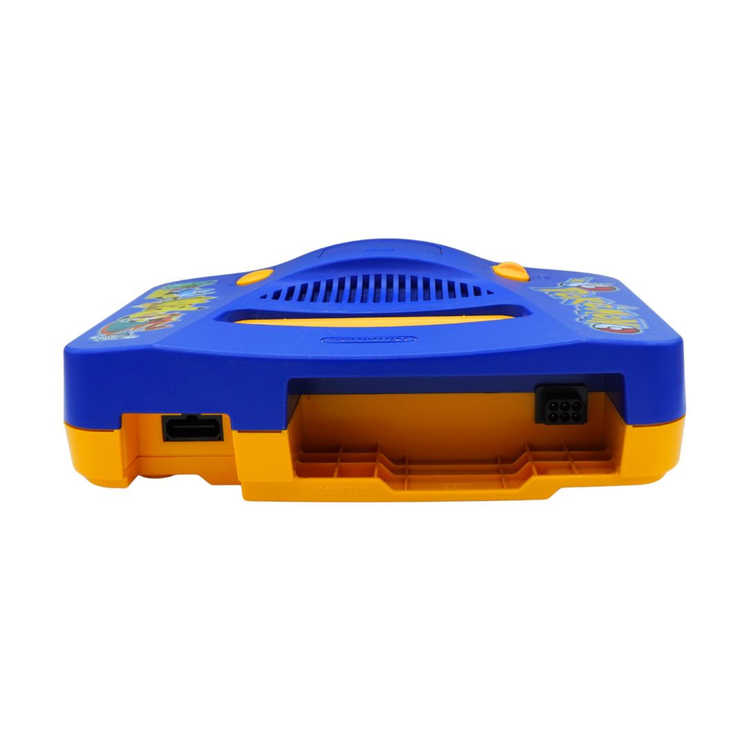 A classic Nintendo 64 console shown from the back, featuring a blue top half with yellow accents and a yellow bottom half, photographed on a solid white background.