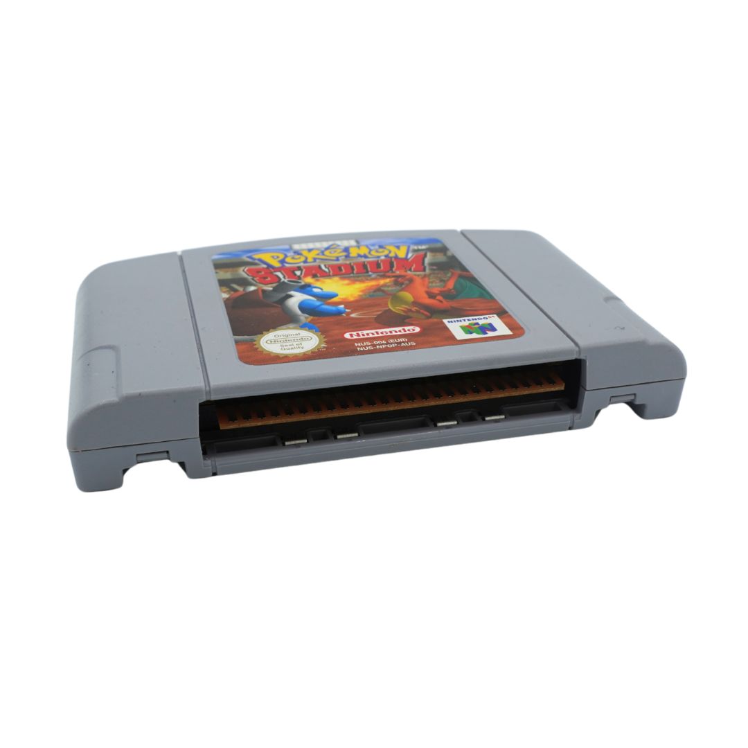 A gray Nintendo 64 game cartridge for Pokemon Stadium, featuring the game's cover art on the front label and the Nintendo 64 logo in the lower right corner.
