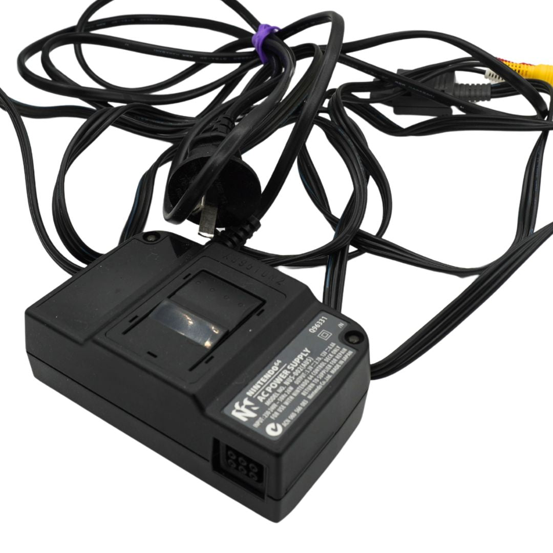 A black power cord with its attached power cord and plug, shown on a plain white background.